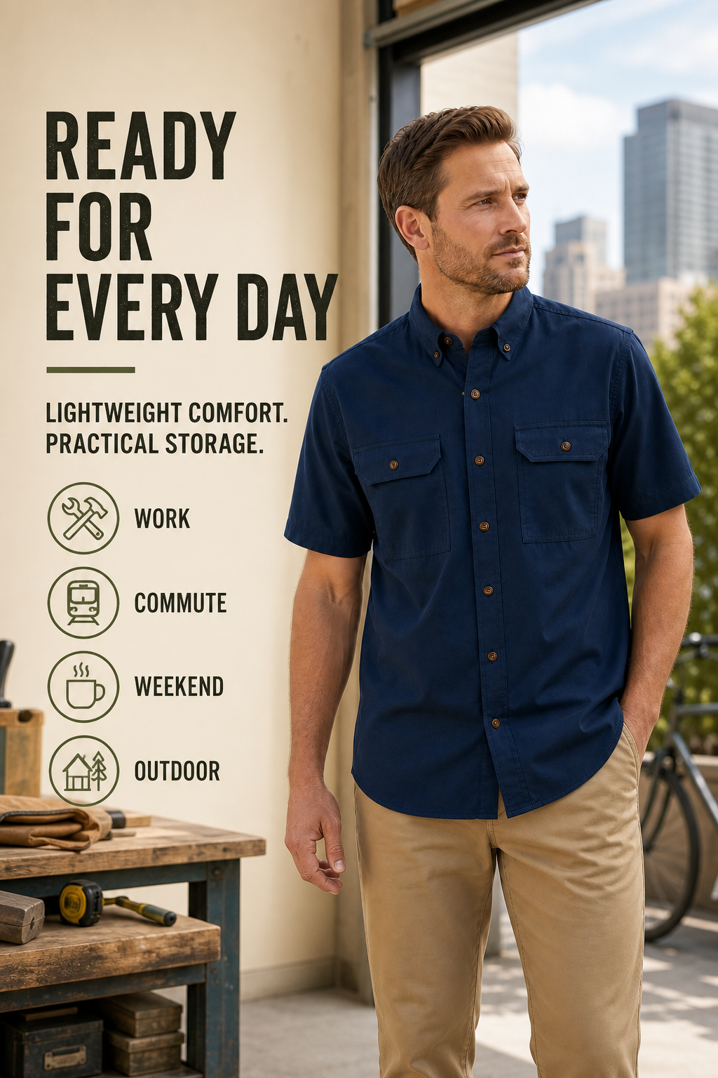 Performance work shirt for work, commute, weekend and outdoor wear