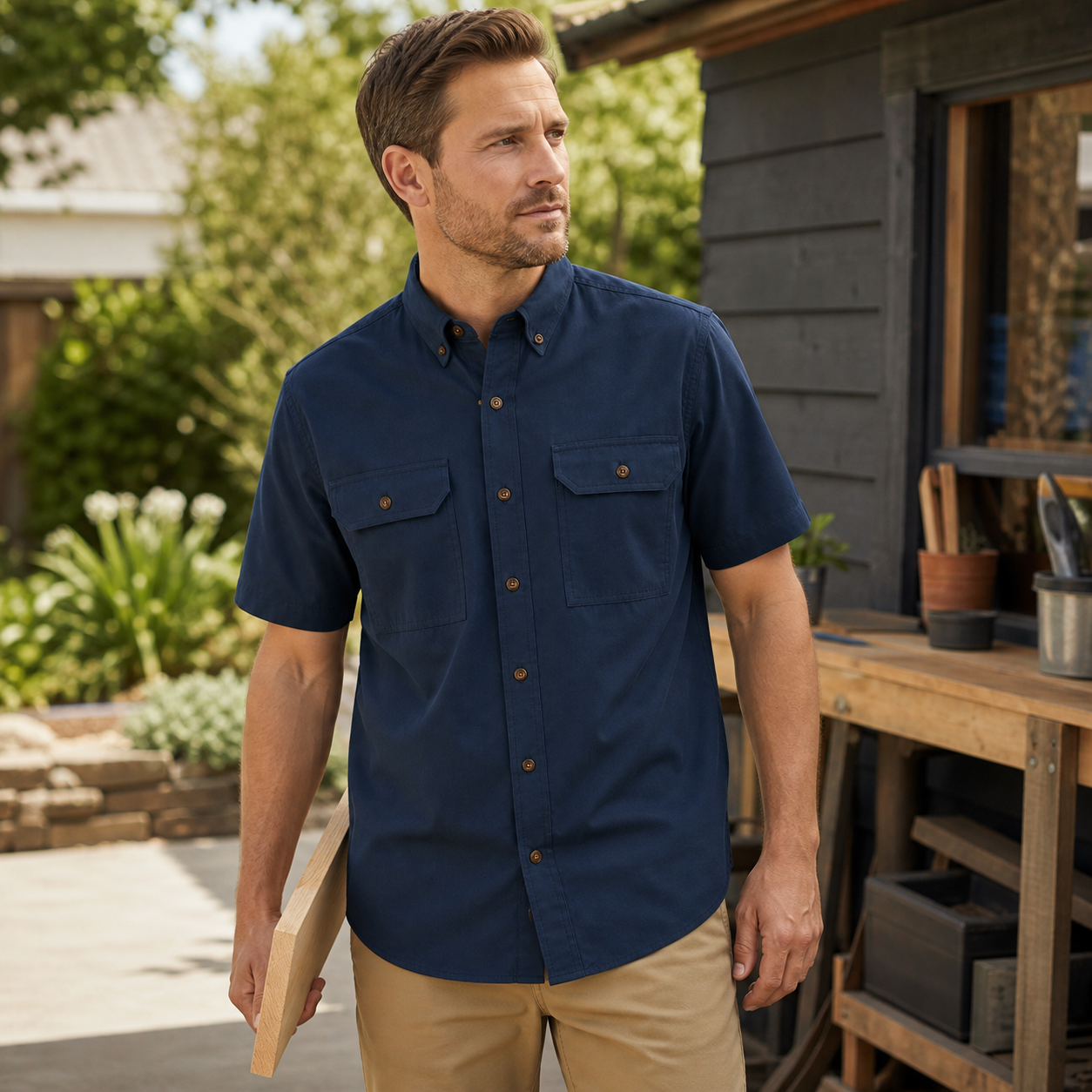 Navy Blue performance short sleeve work shirt model image