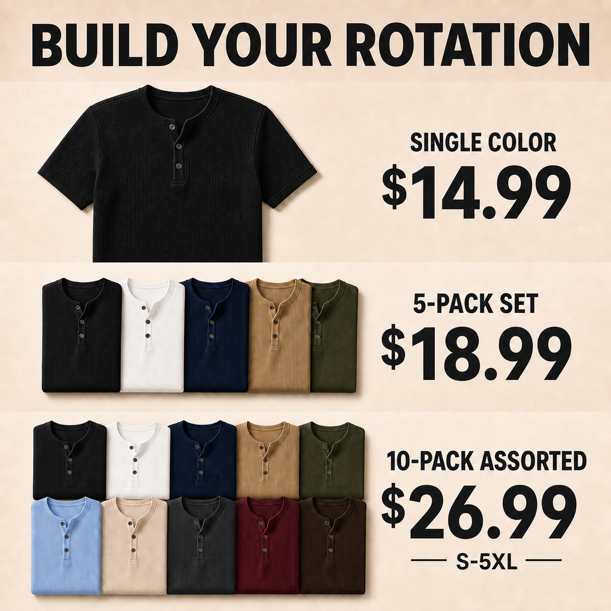 Single, 5-Pack and 10-Pack ribbed Henley shirt bundle value