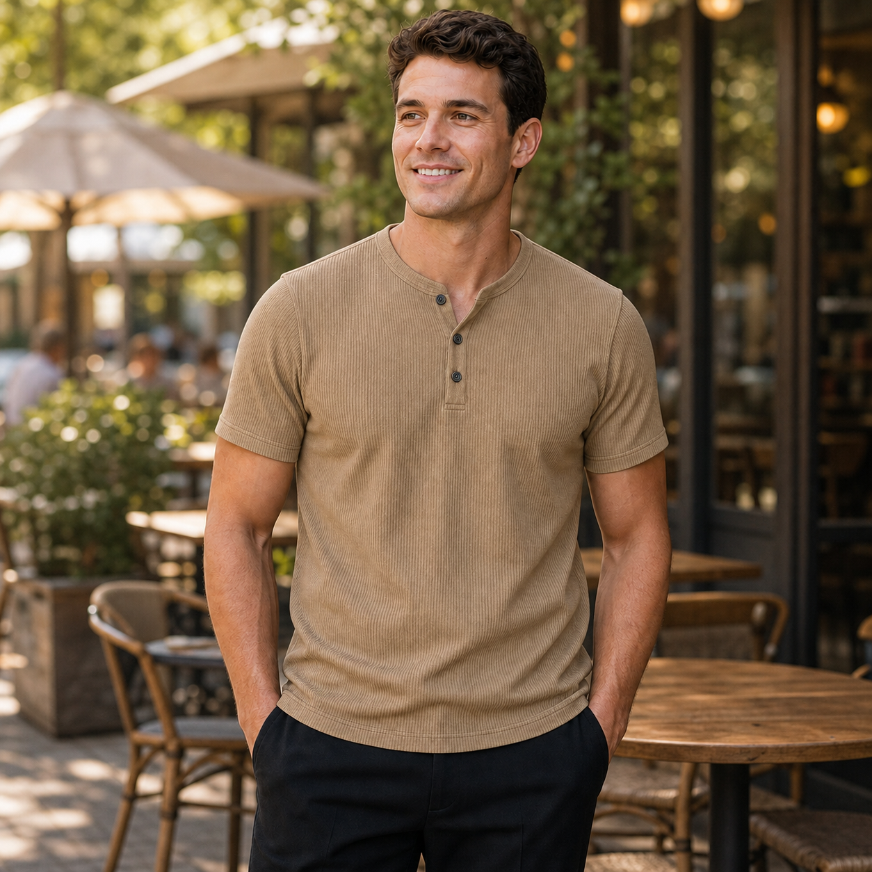 Khaki ribbed short sleeve Henley shirt model image