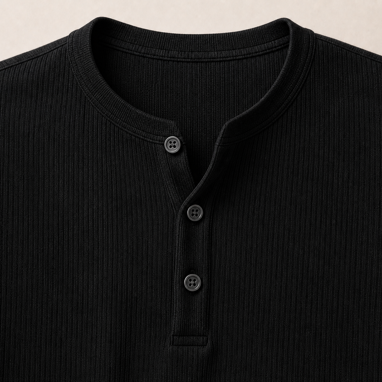 Three-button Henley collar and placket detail