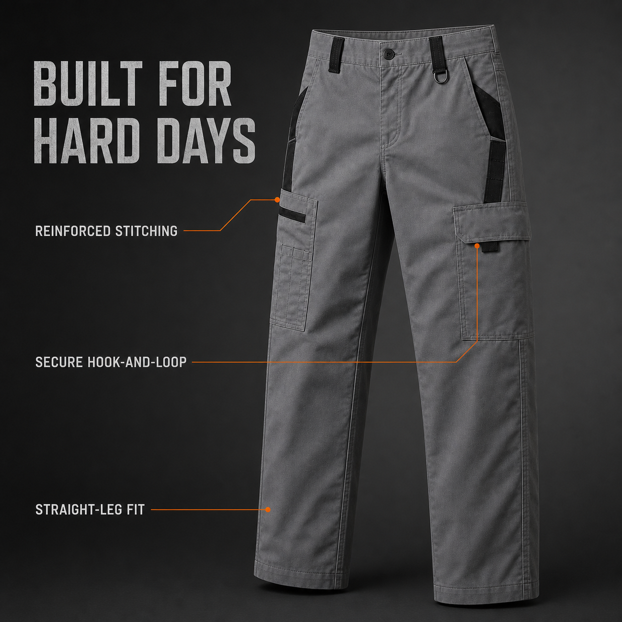 Reinforced stitching, hook-and-loop storage and straight-leg fit