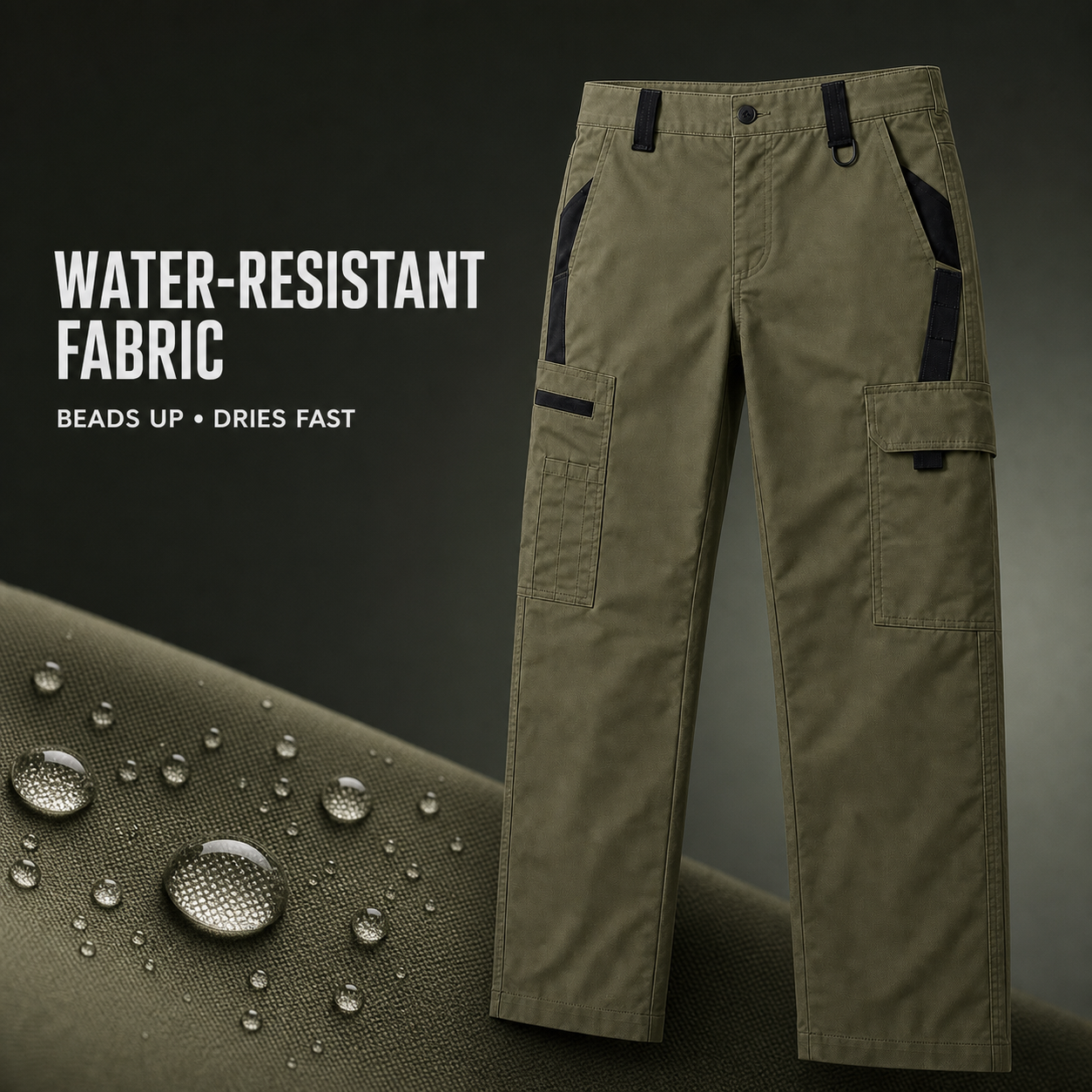 Water-resistant tactical cargo pants fabric detail