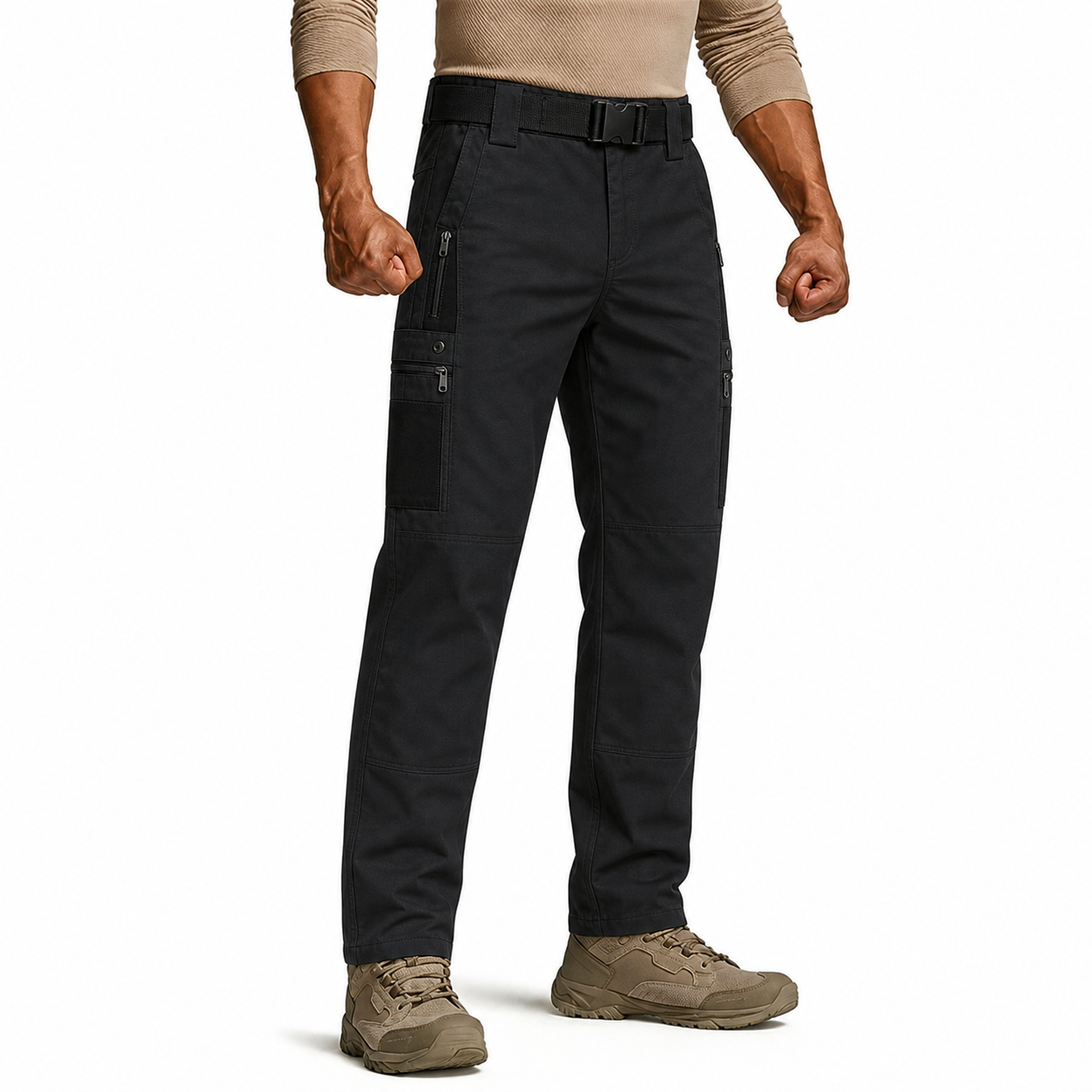 Black tactical ripstop work pants in a workshop setting