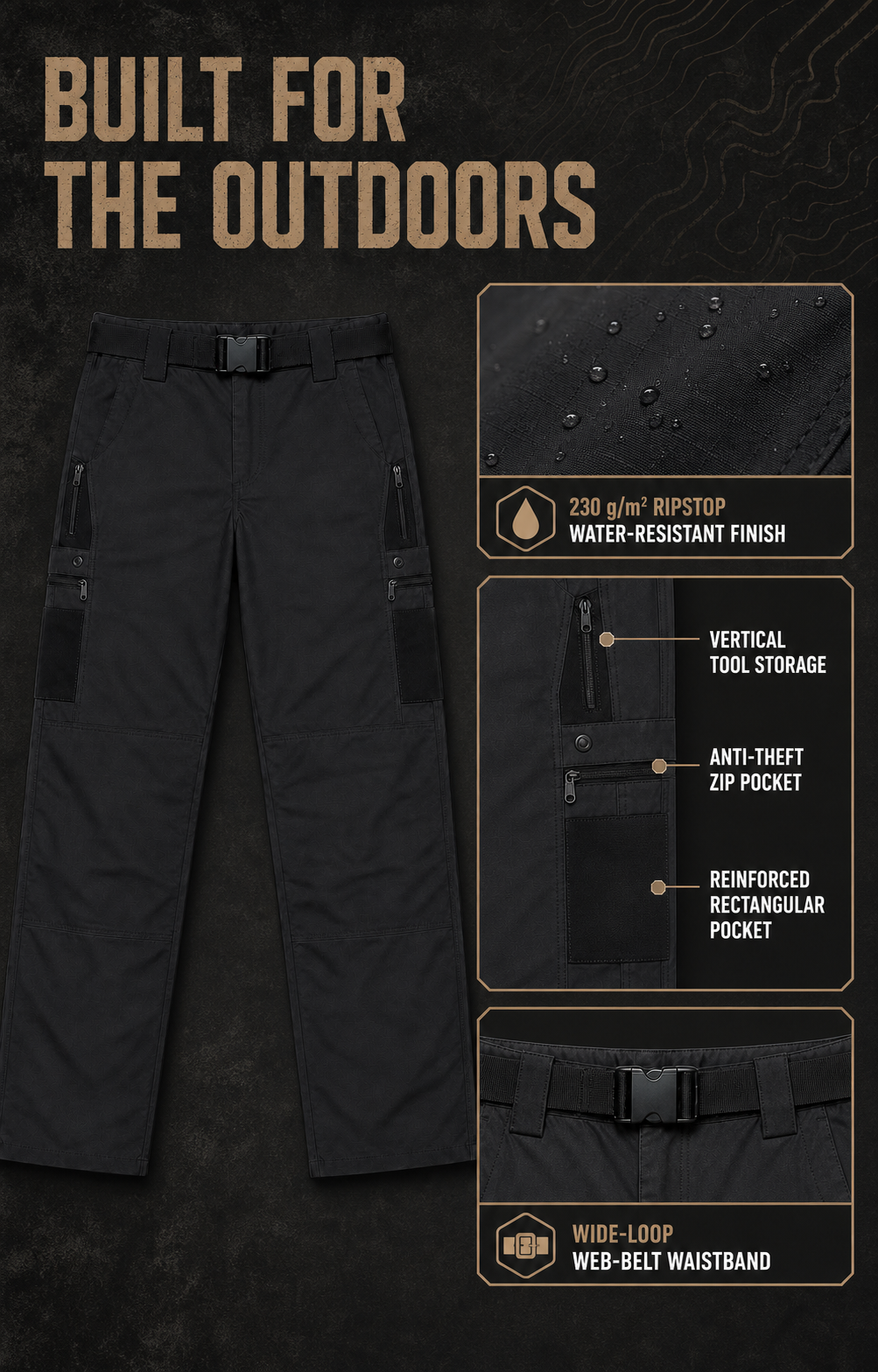 Tactical ripstop work pants pocket and fabric features