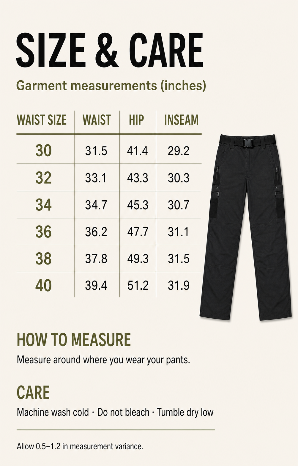 Tactical ripstop work pants numeric size and care guide