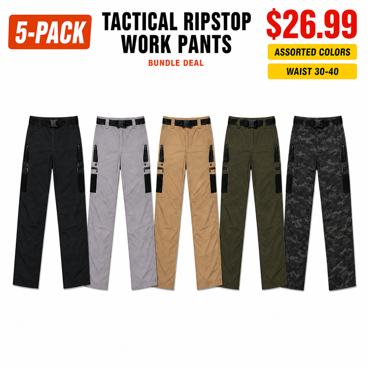 5-Pack assorted tactical ripstop work pants in five colors for $26.99