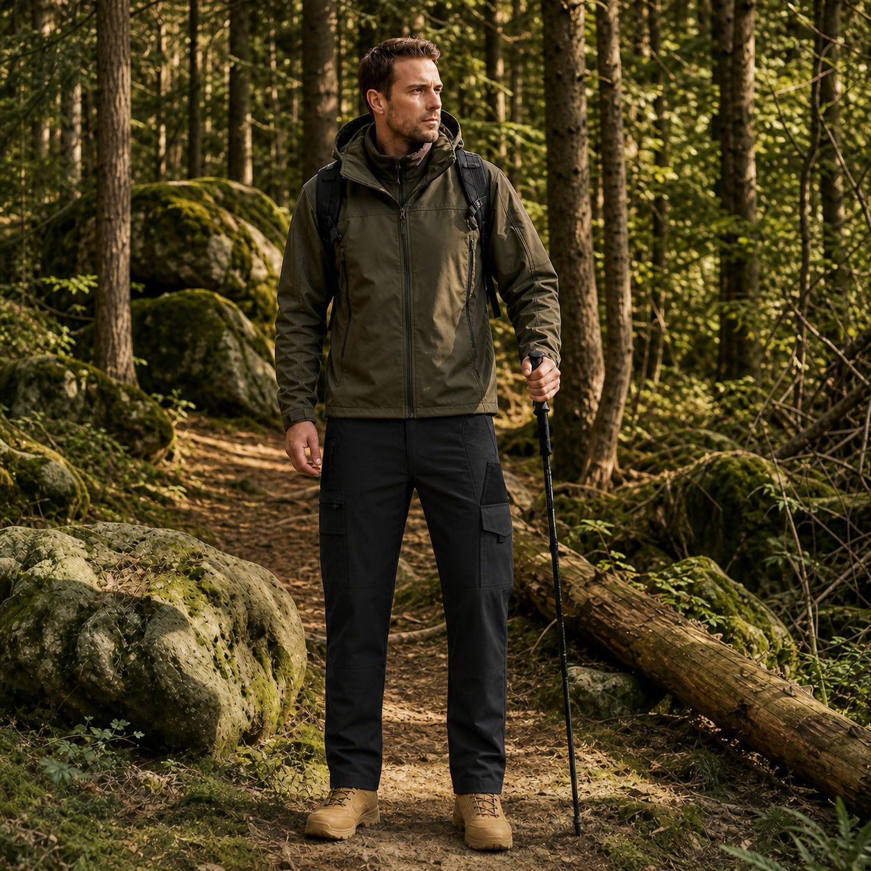 Black plain matte tactical work pants with aligned dual-side pockets