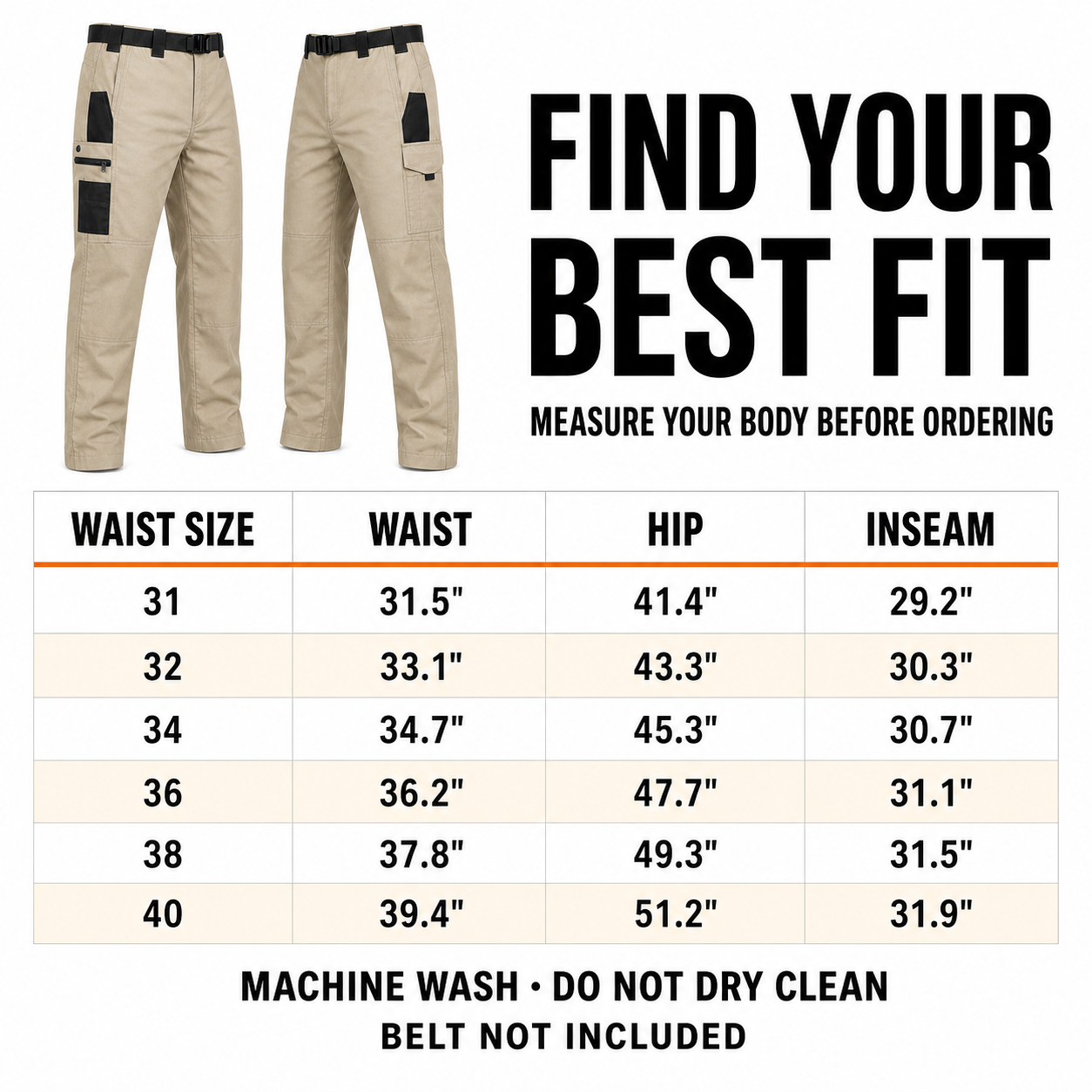 Waist 31 through 40 tactical work pants size and care chart