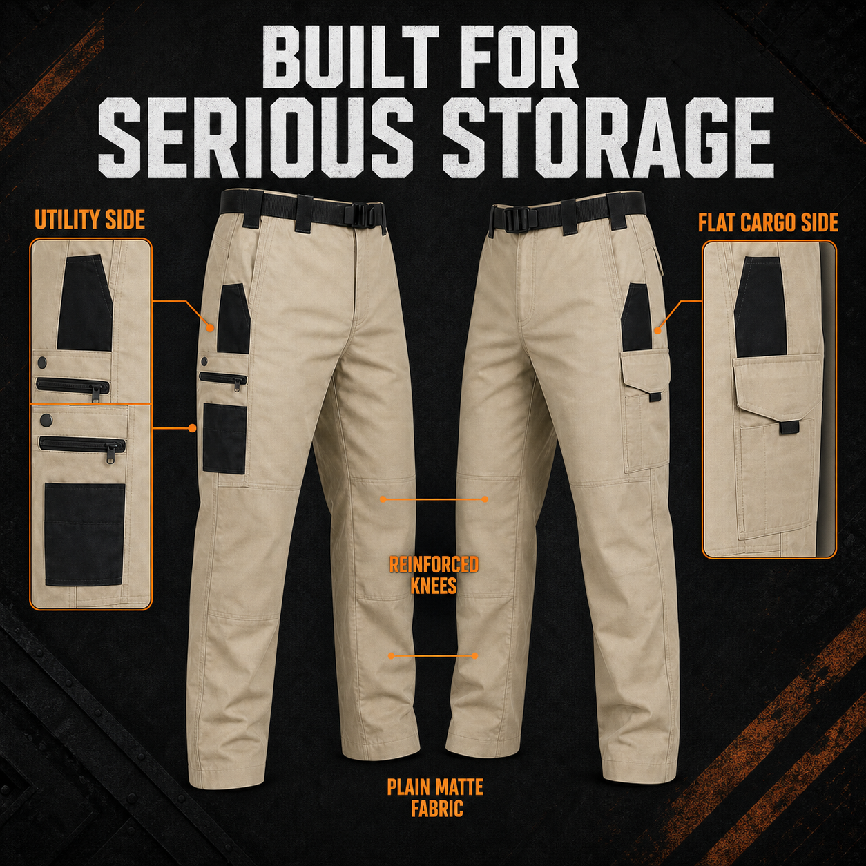 Plain matte tactical pants storage and reinforced-knee details