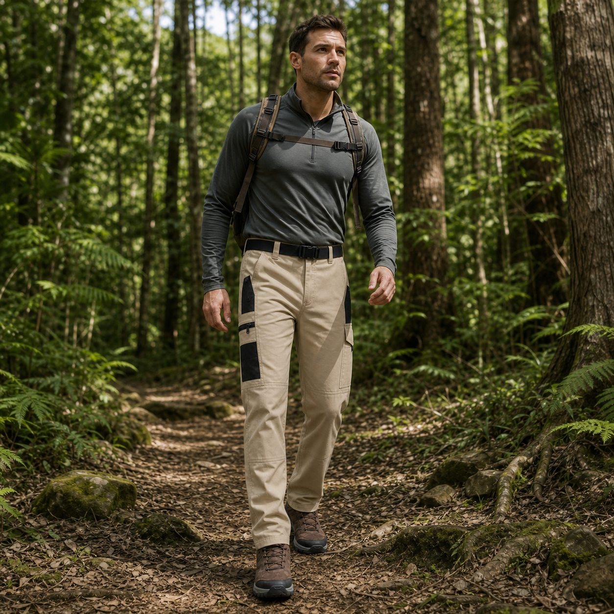 Khaki plain matte tactical work pants with aligned dual-side pockets