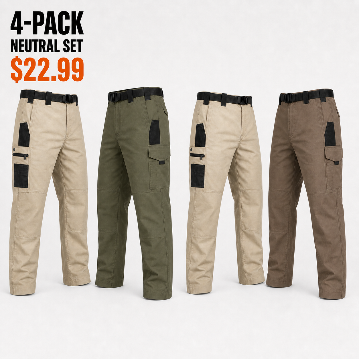 4-Pack Neutral Set tactical work pants with both pocket systems
