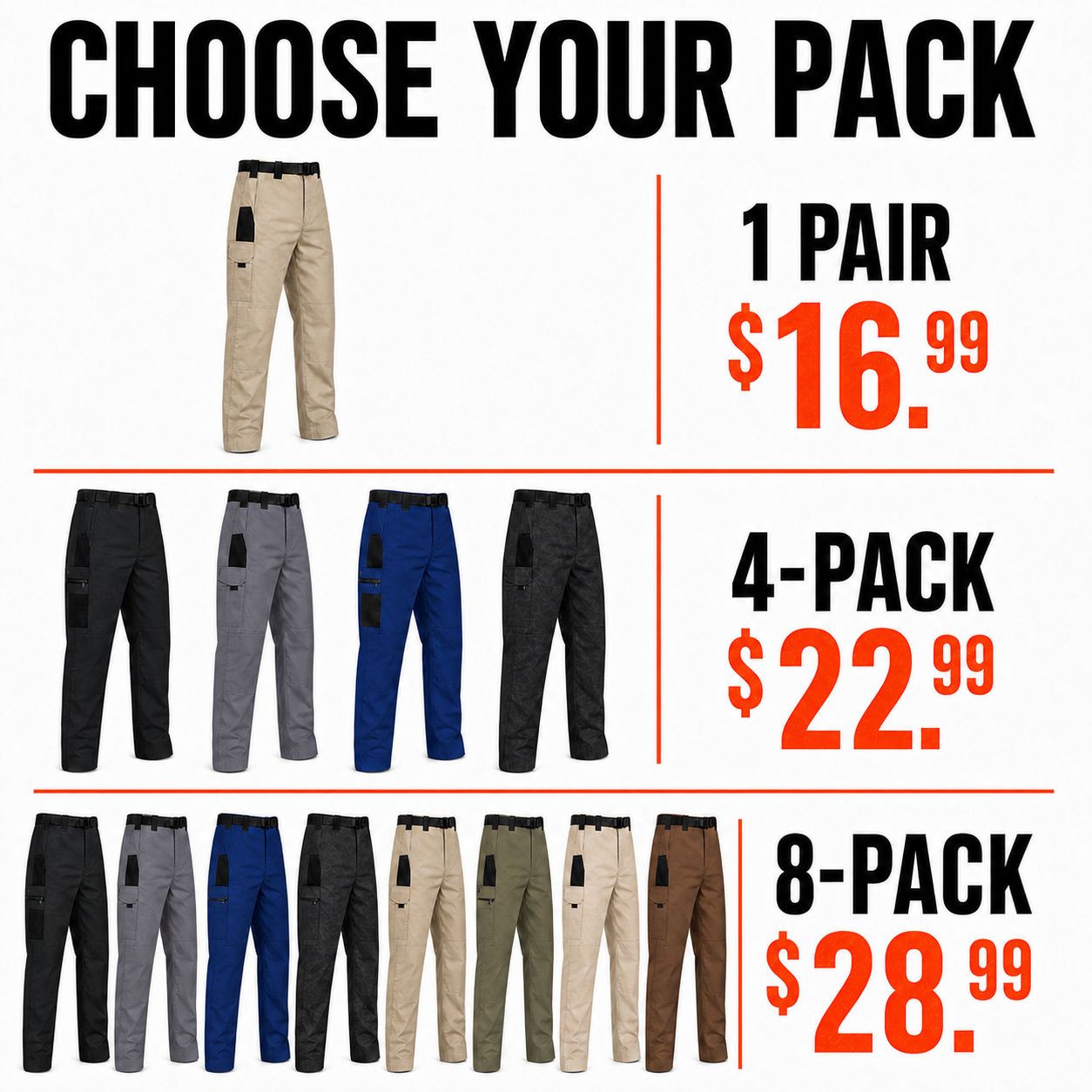 Single 4-Pack and 8-Pack tactical pants price comparison