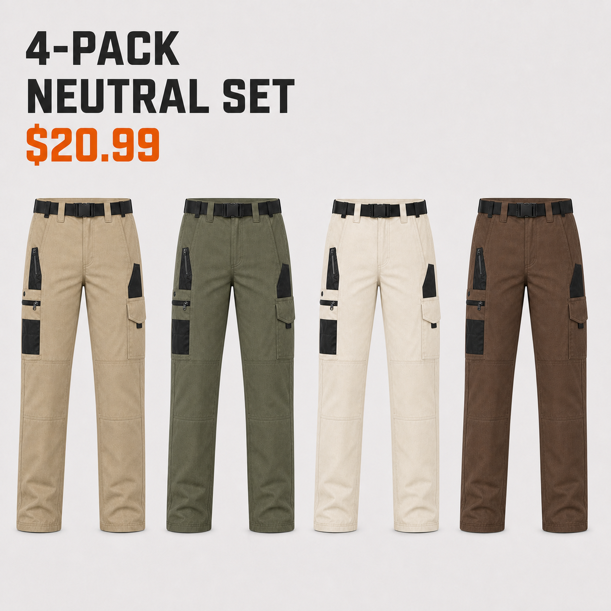 4-Pack Neutral Set tactical work pants with both pocket systems