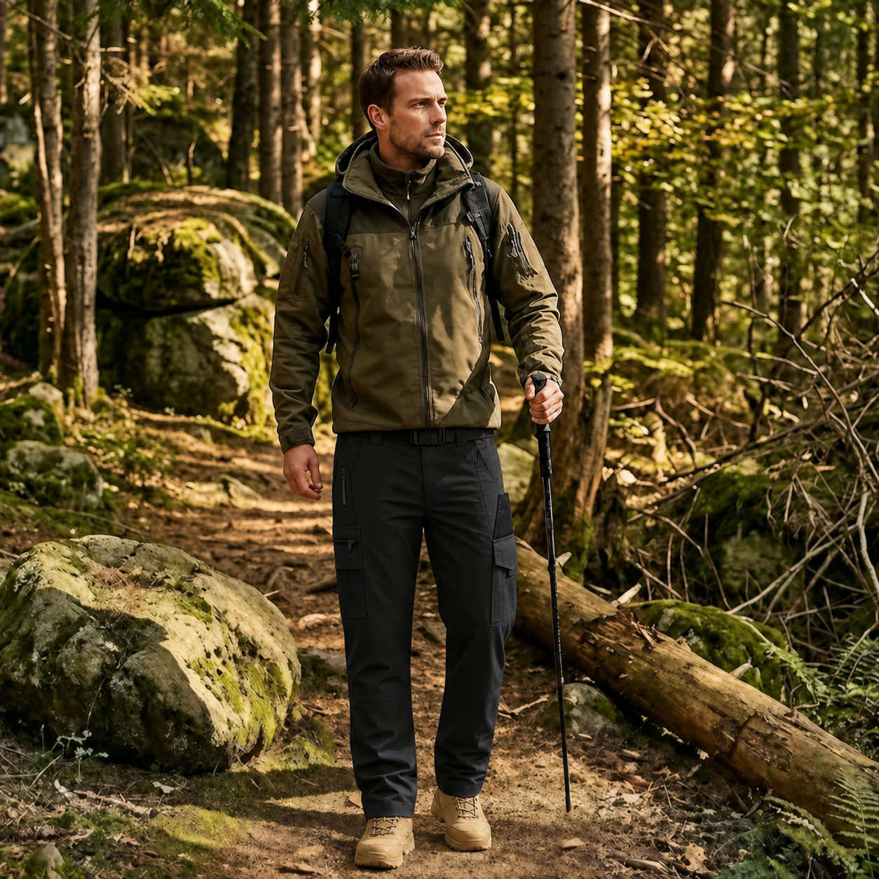 Black tactical work pants with confirmed asymmetric dual-side pockets