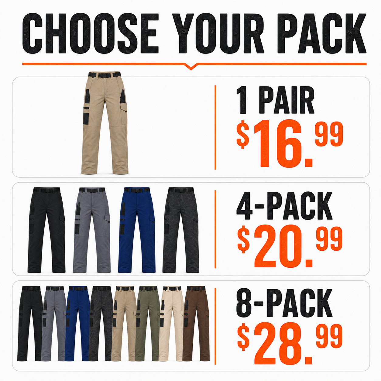 Single 4-Pack and 8-Pack tactical pants price comparison