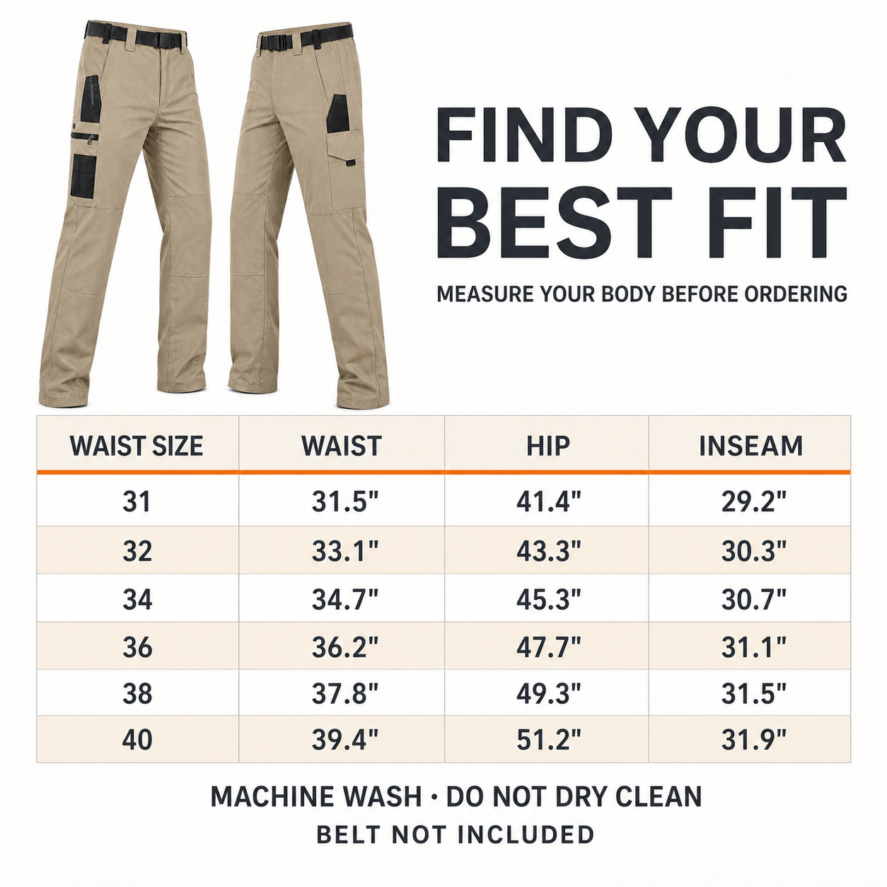 Waist 31 through 40 tactical work pants size and care chart