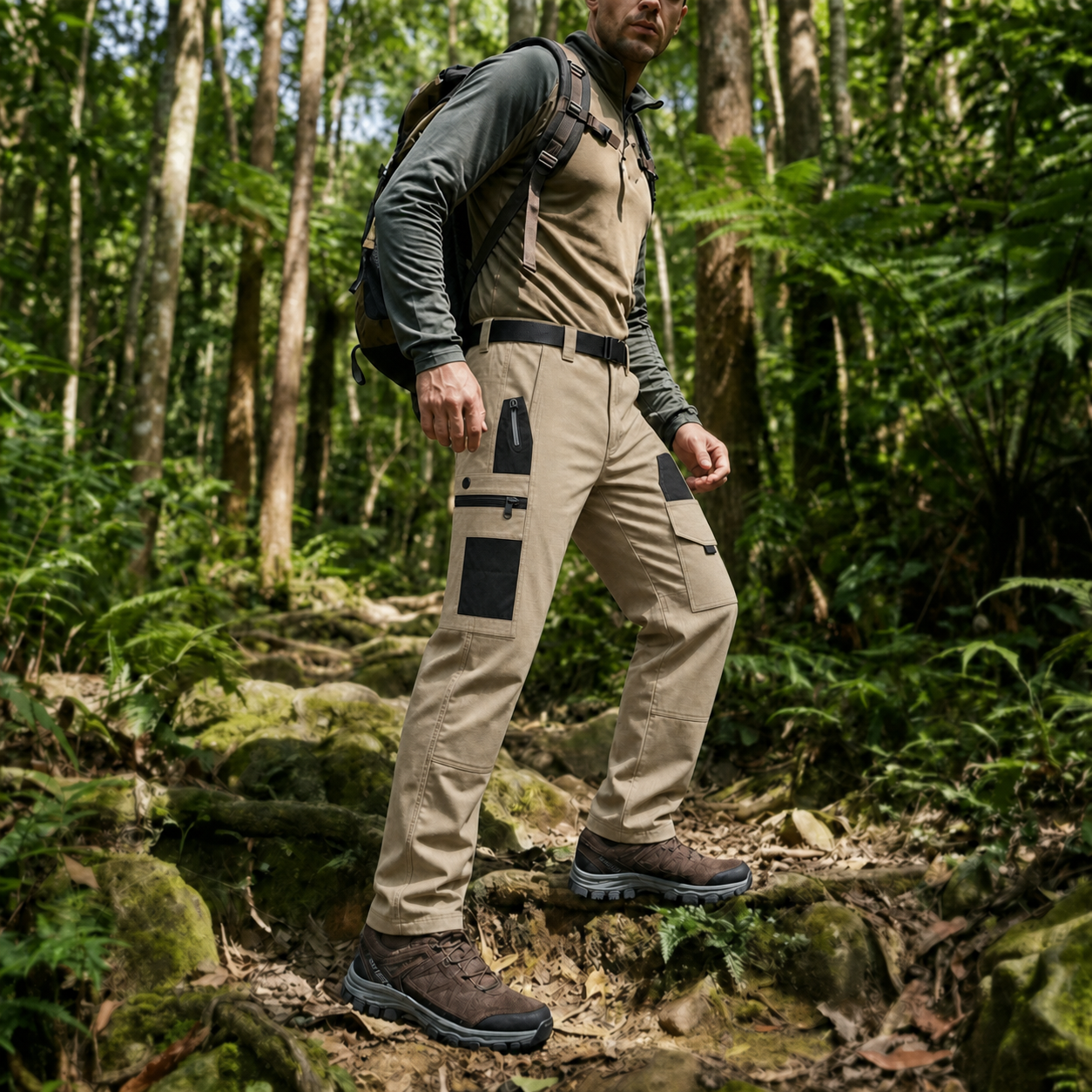 Khaki tactical work pants with confirmed asymmetric dual-side pockets