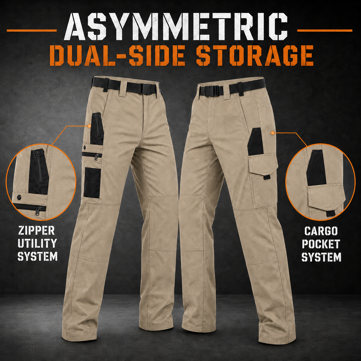 Asymmetric zipper utility and flat cargo pocket systems