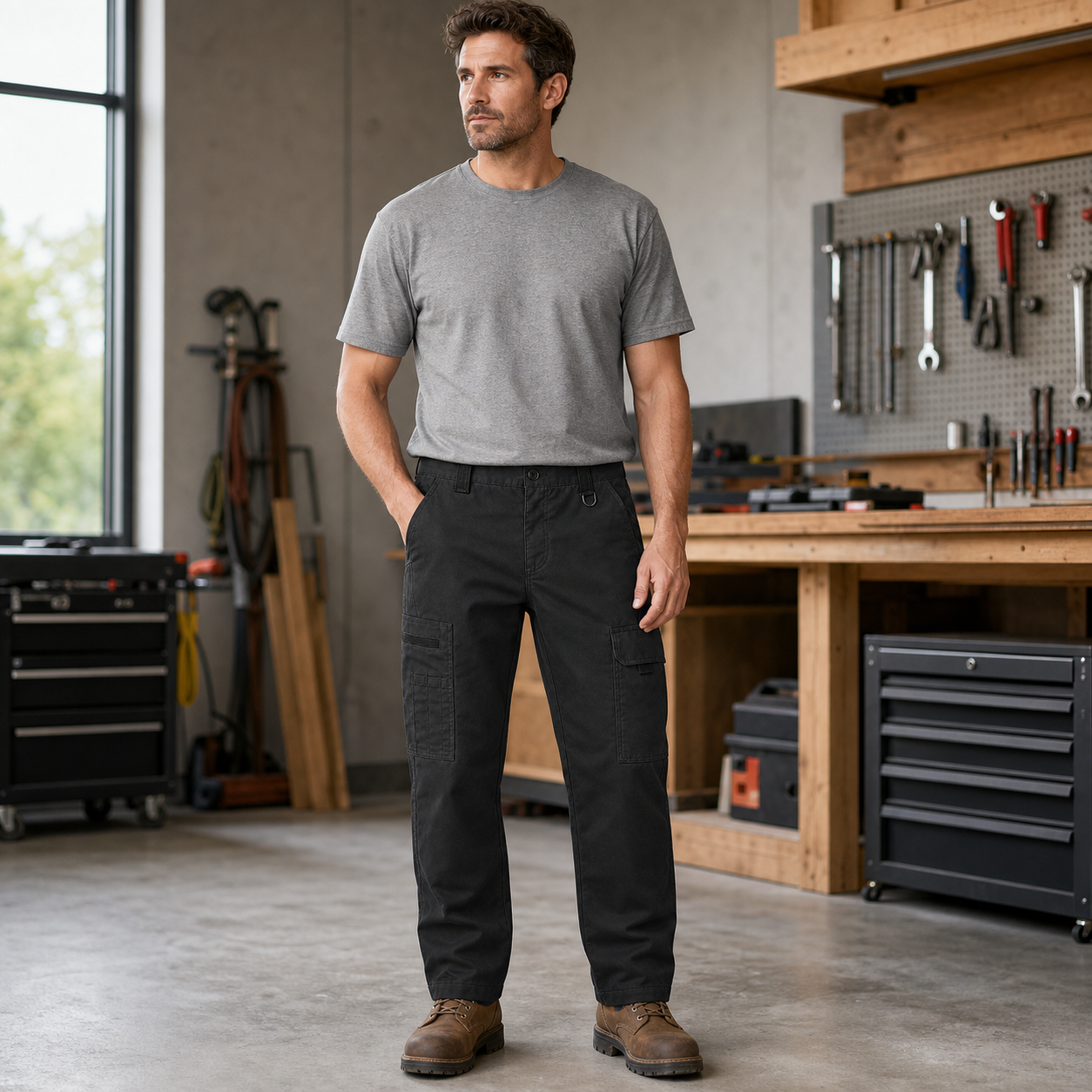 Black tactical cargo work pants worn in a workshop