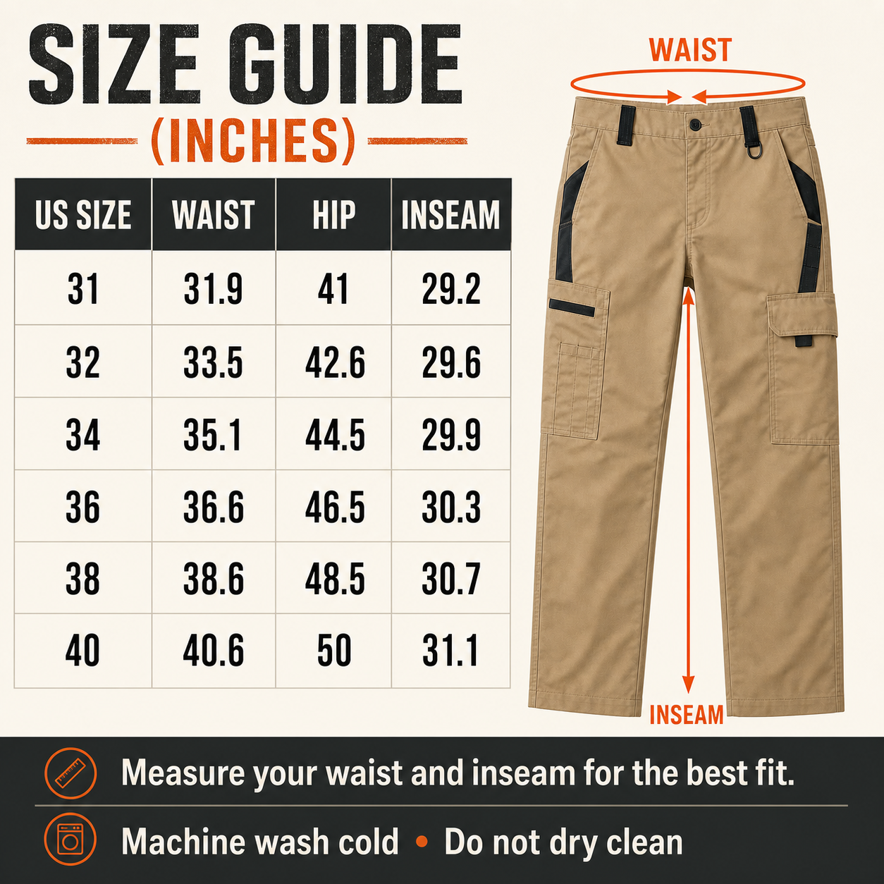 Waist 31-40 tactical cargo pants measurement chart