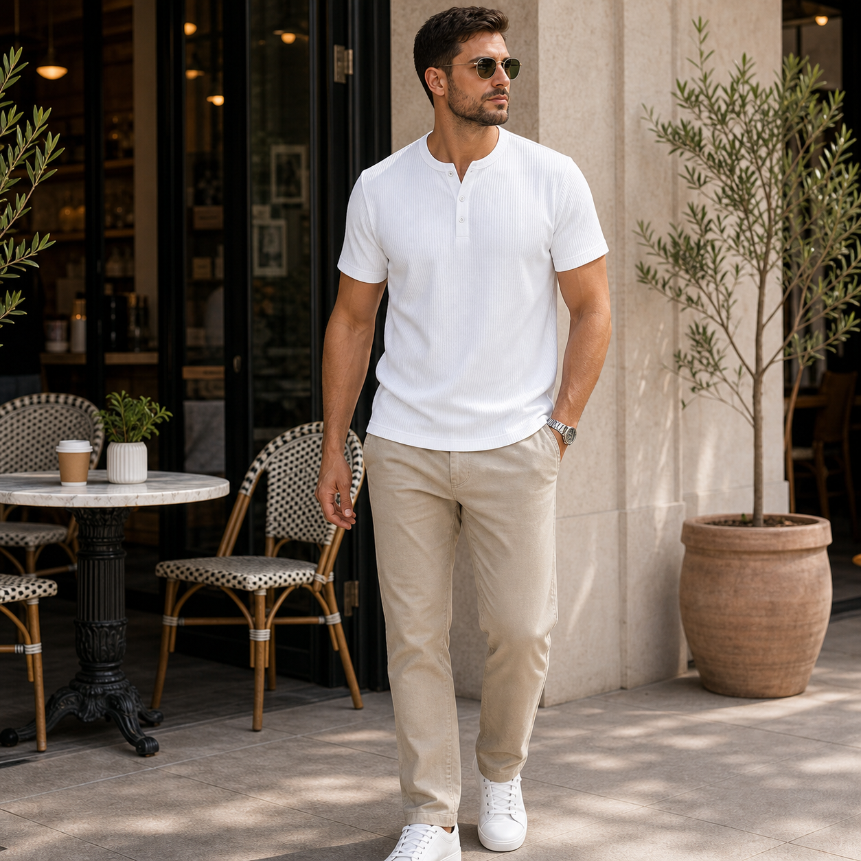 White ribbed Henley T-shirt model image