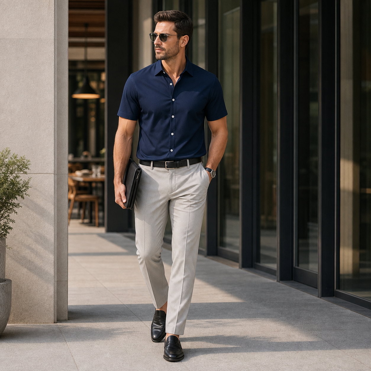 Navy stretch short sleeve dress shirt model image