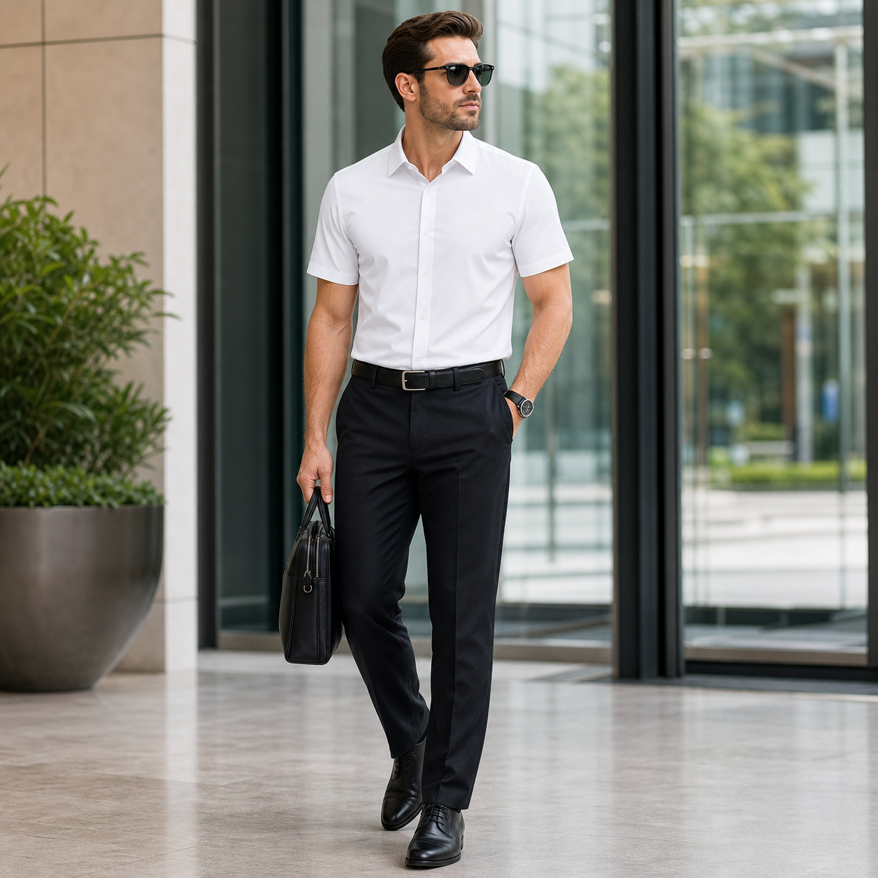White stretch short sleeve dress shirt model image