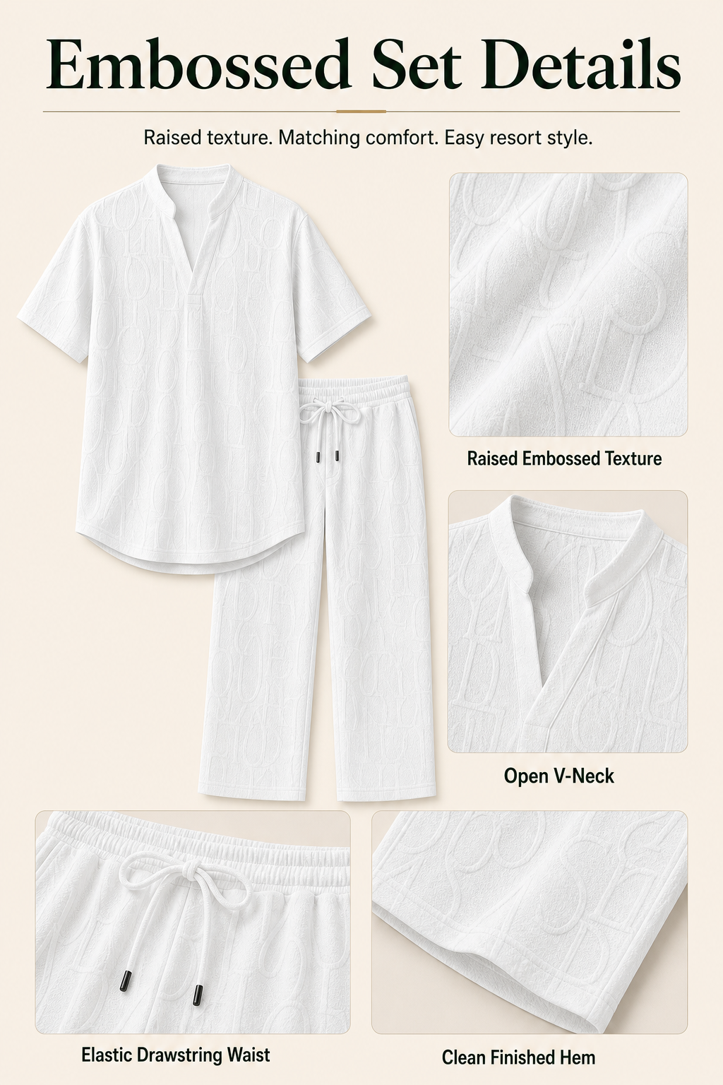 Embossed V-neck shirt and pants set details
