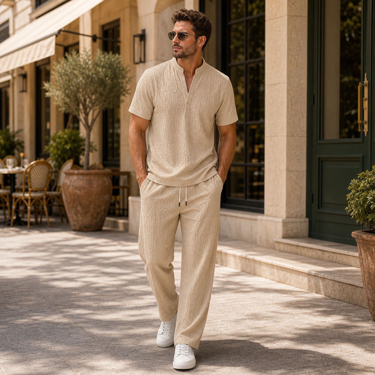 Khaki textured V-neck shirt and pants model image