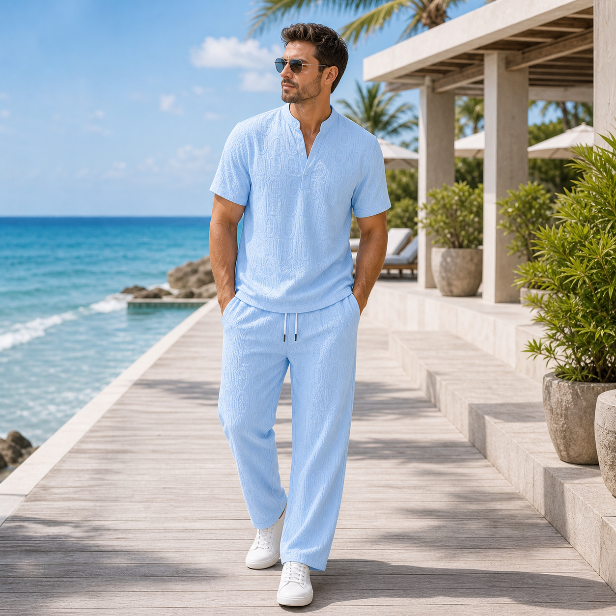 Light blue textured V-neck shirt and pants model image