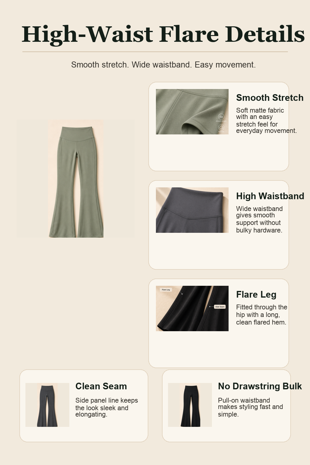 Women's high-waist flare pants feature detail page image
