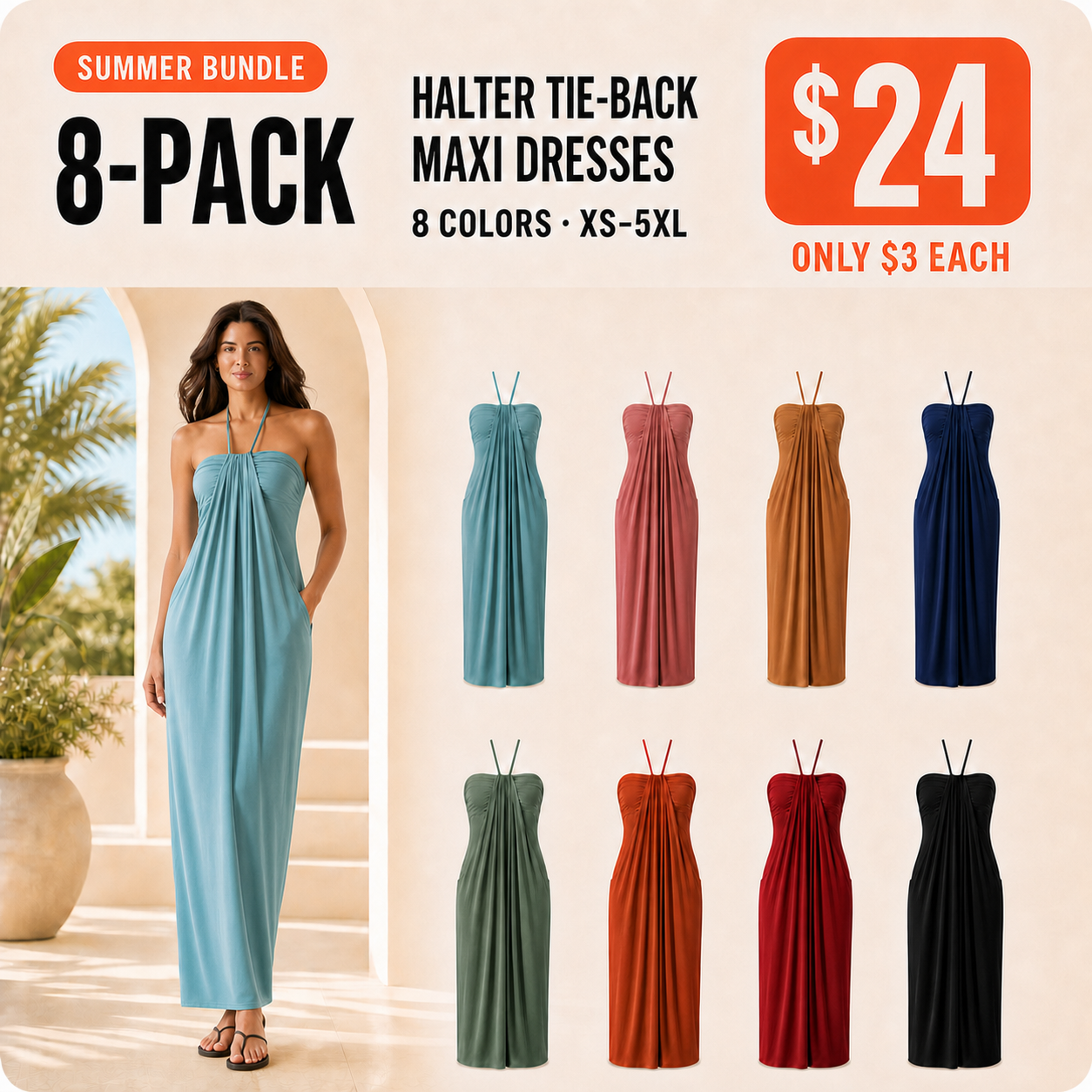 8-Pack women's halter tie-back maxi dress promotion