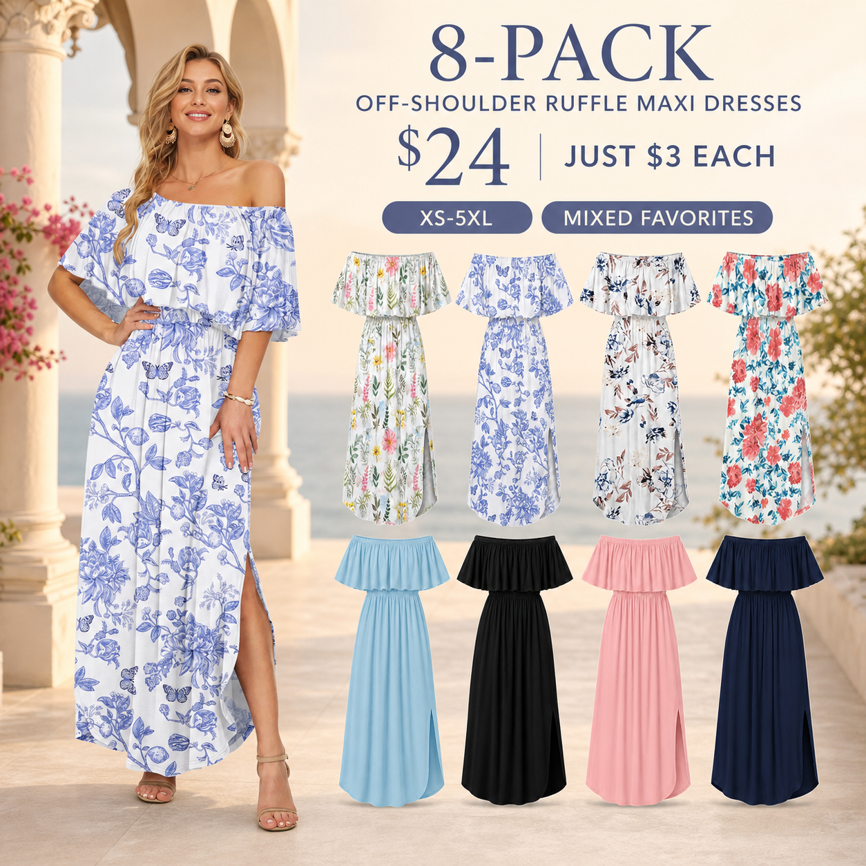 8-Pack Mixed Favorites off-shoulder ruffle maxi dresses for $24