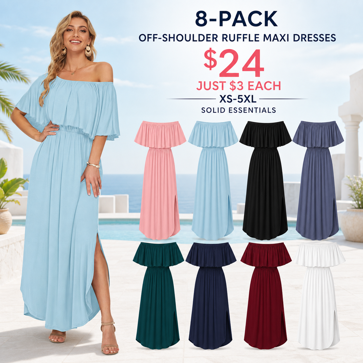 8-Pack Solid Essentials off-shoulder ruffle maxi dresses for $24