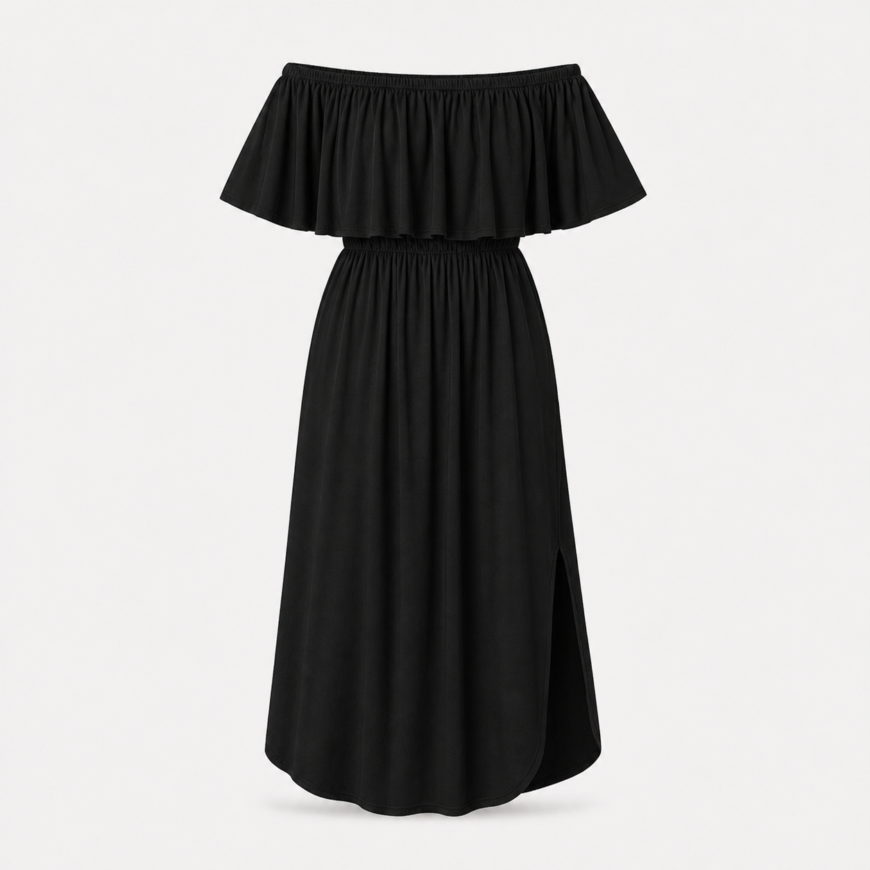 Black off-shoulder ruffle side-slit maxi dress