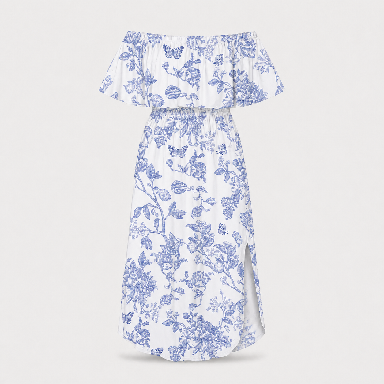 Blue Bloom off-shoulder ruffle side-slit maxi dress