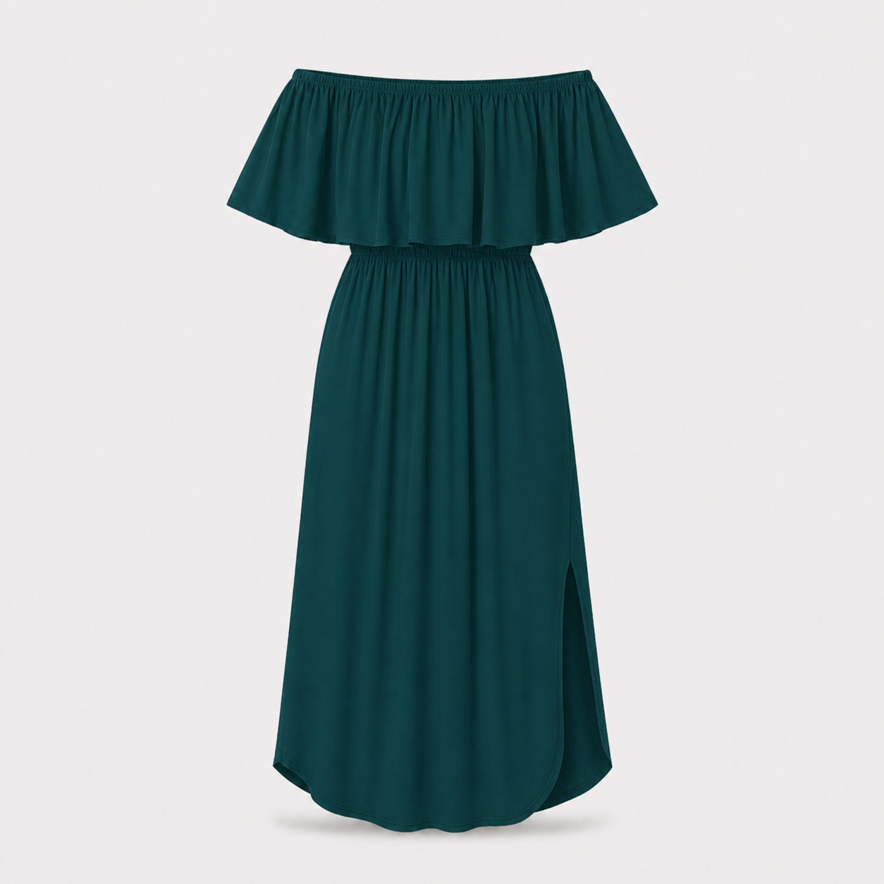 Dark Green off-shoulder ruffle side-slit maxi dress