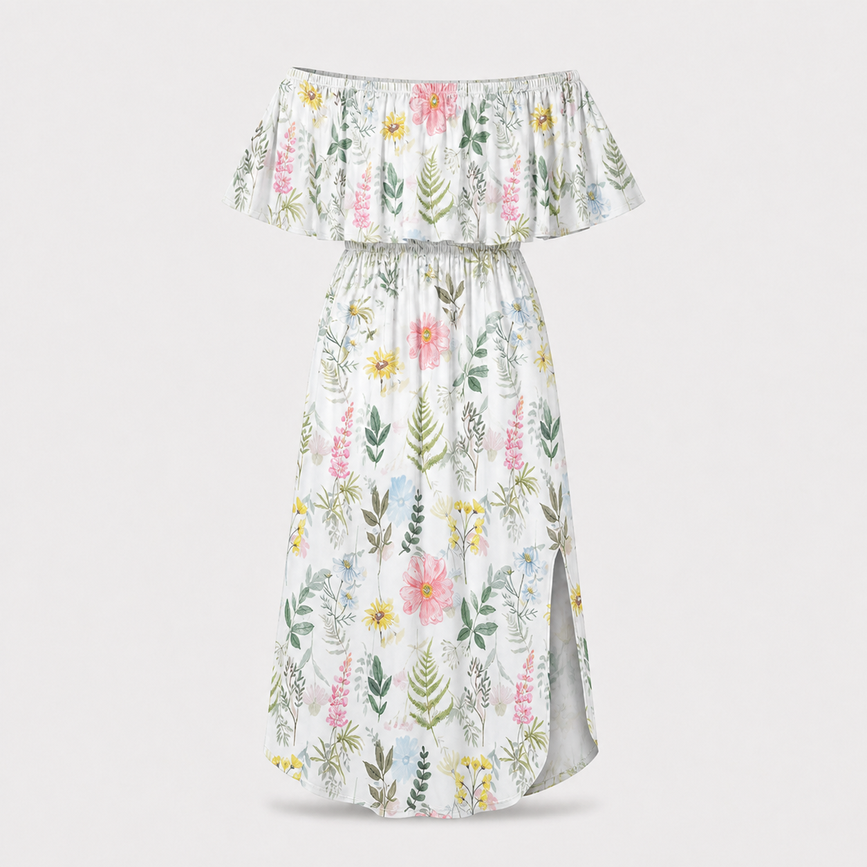 Garden Dream off-shoulder ruffle side-slit maxi dress