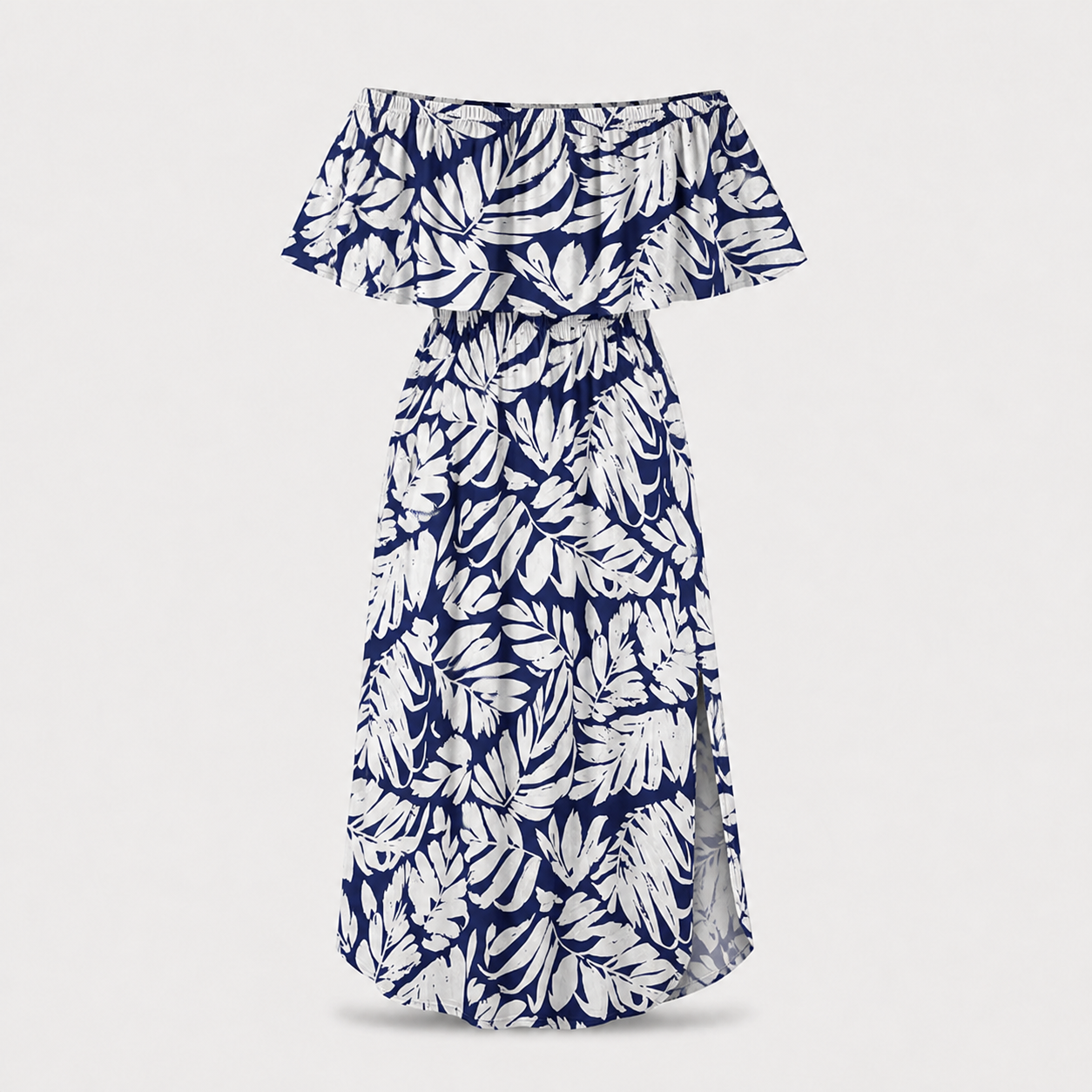 Leaf Shadow off-shoulder ruffle side-slit maxi dress