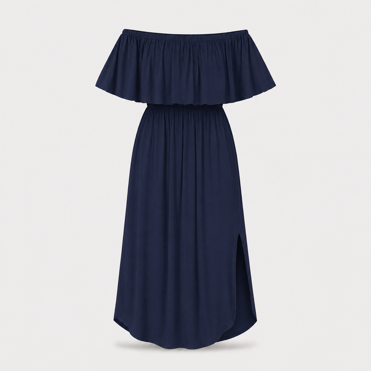 Navy Blue off-shoulder ruffle side-slit maxi dress