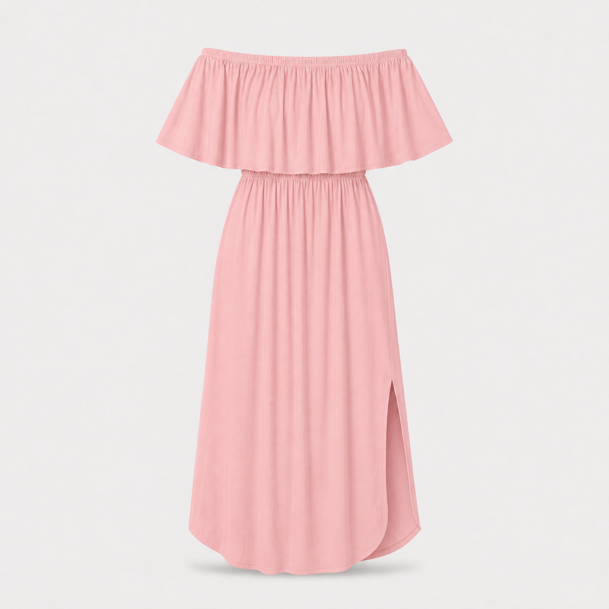 Pink off-shoulder ruffle side-slit maxi dress