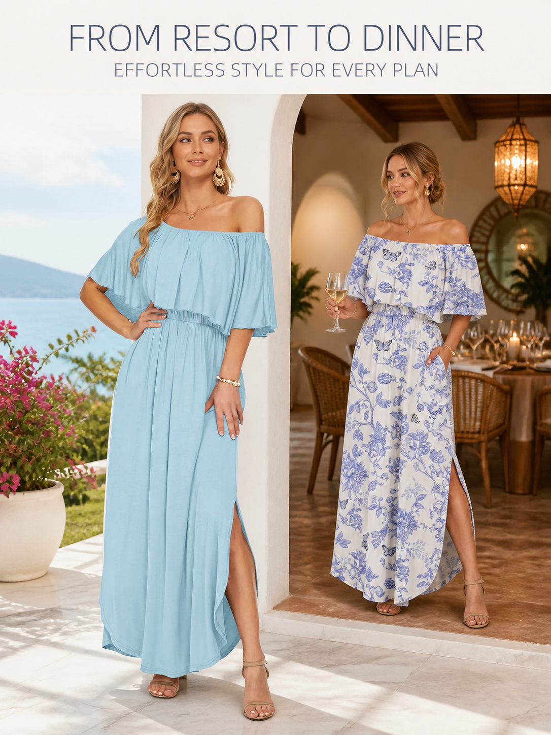 Off-shoulder maxi dress styled from resort to dinner