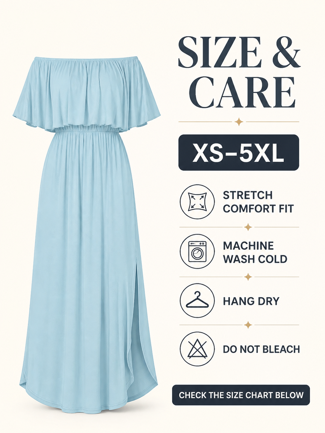 XS-5XL off-shoulder maxi dress size and care guide