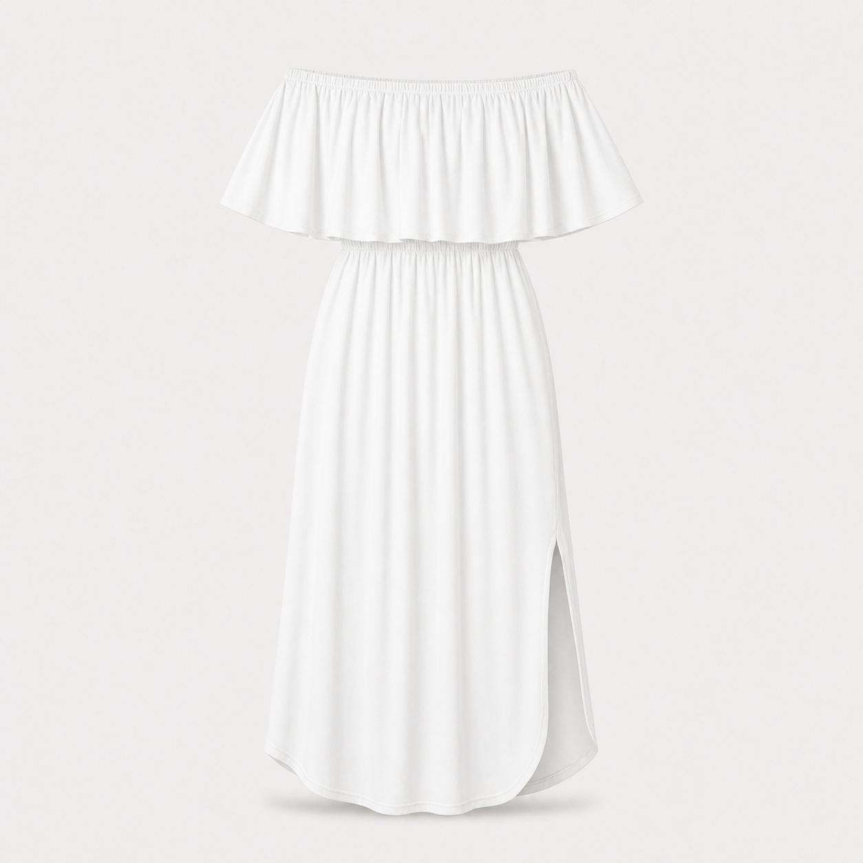 White off-shoulder ruffle side-slit maxi dress