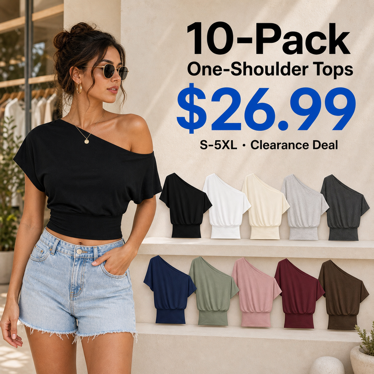 10-Pack women's one-shoulder tops promo main image