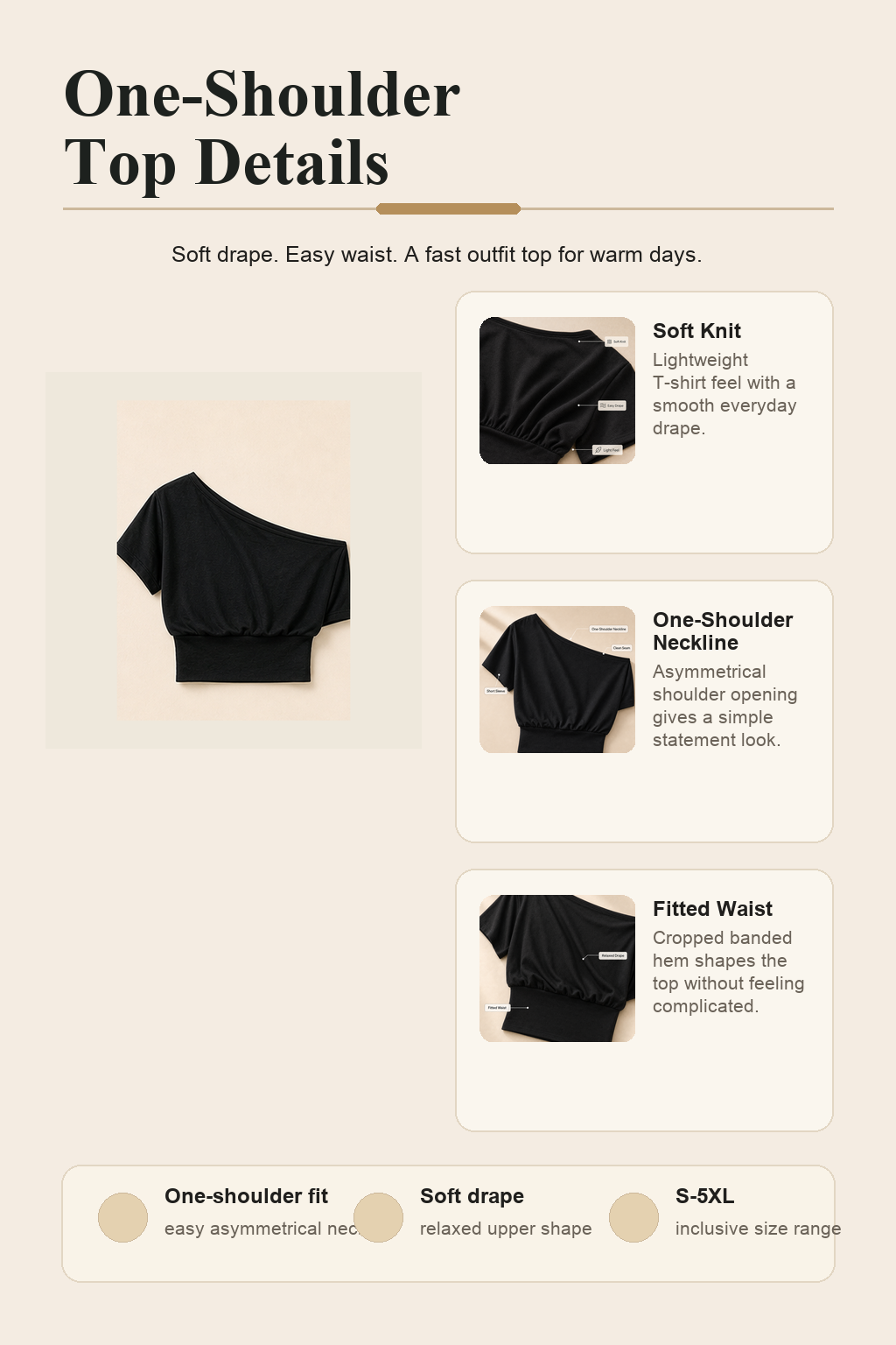 Women's one-shoulder top feature detail page image