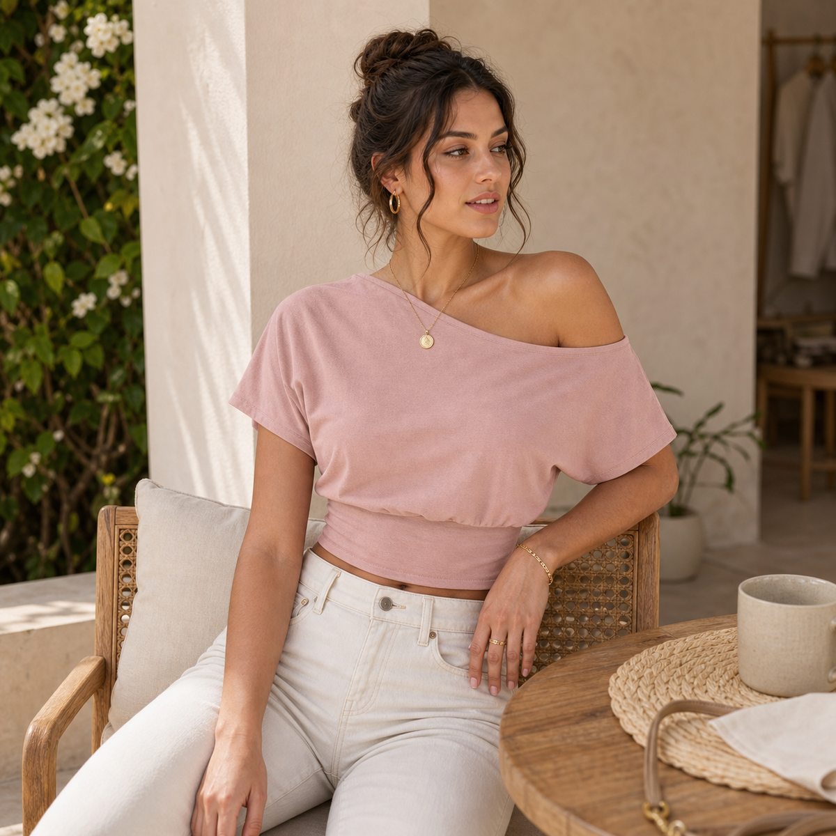 Dusty Pink women's one-shoulder top model image