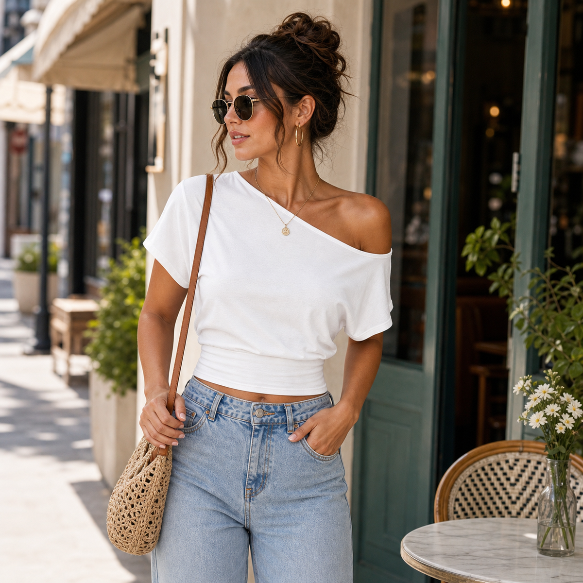 White women's one-shoulder top model image