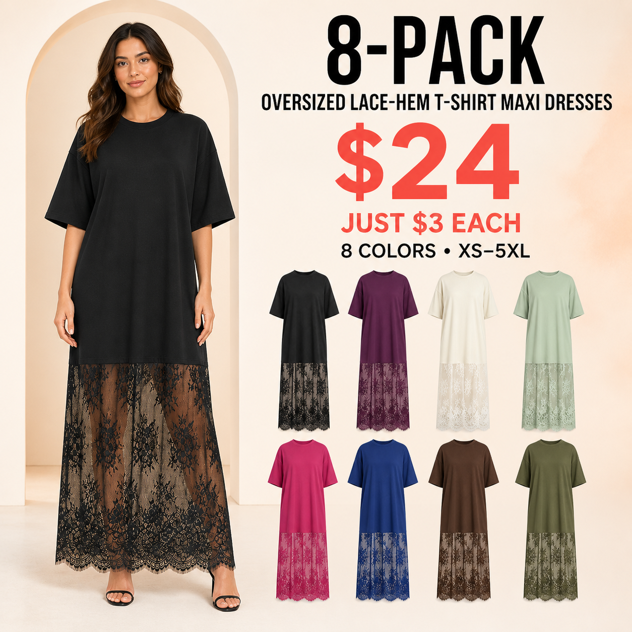 8-Pack women's oversized lace-hem T-shirt maxi dress promotion